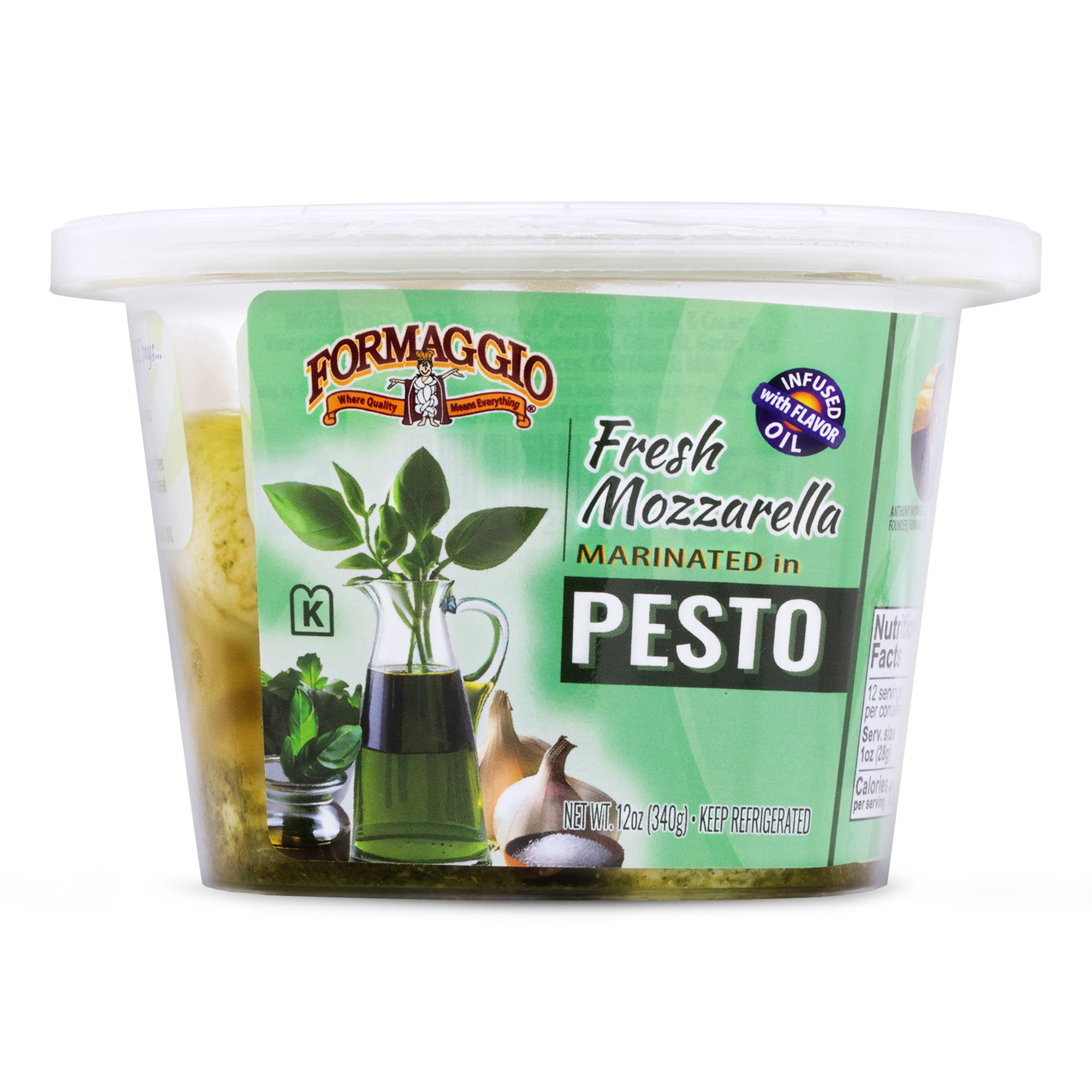 Formaggio Cheese Refrigerated Marinated Mozzarella Balls in Pesto, 12 oz Tub