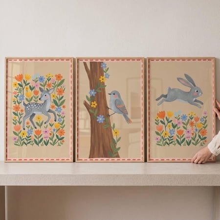 Folk Floral Woodland Animals Wall Art Set of 3 nursery decor deer rabbit bird prints cottagecore nursery art whimsical forest decor Set 3