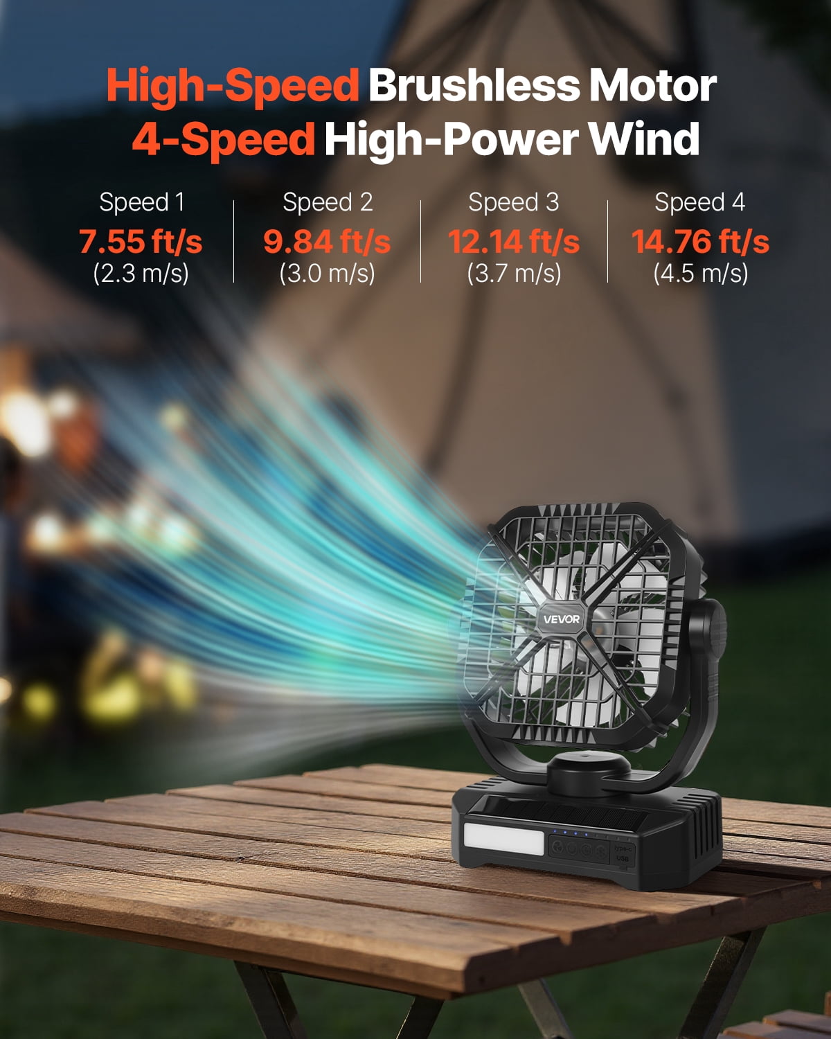 VEVOR 10400mAh Solar fan, Camping Fan with Solar Panel & LED Lantern, 7W 8 Inch Portable Rechargeable Battery Powered for Outside, 4-Speed and Quiet Operated for Picnic, Barbecue, Fishing, Travel