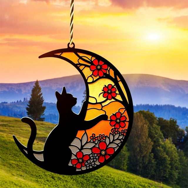 Stained Glass Window Hanging Pendant Featuring Kitten Design with Crescent Moon and Floral Motif