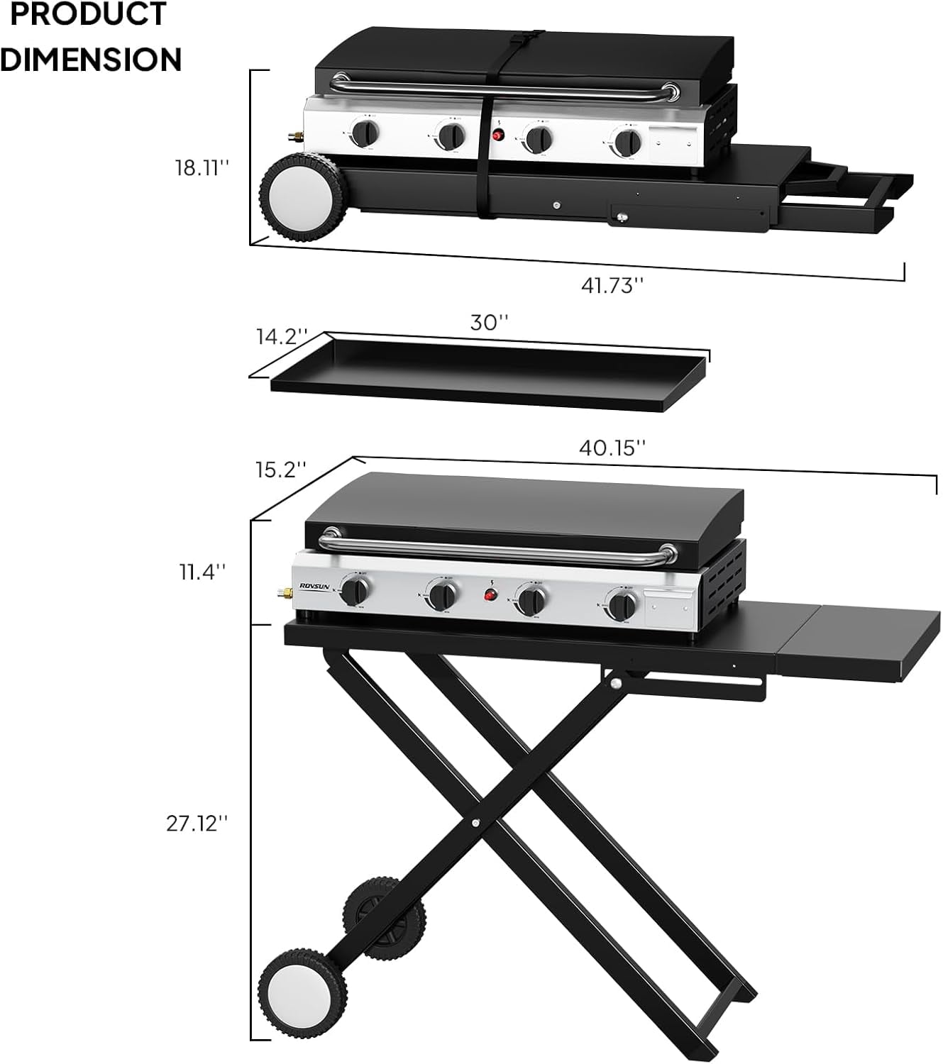 TUFFIOM 4 Burner Foldable Propane Griddle with Wheels, Enameled Tray & Lid, Portable Rolling Flat Top Gas Grill with Electronic Ignition & Regulator for Outdoor Cooking Camping BBQ Tailgating