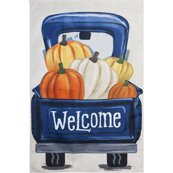 Evergreen Burlap House Flag - Fall Pumpkin Pickup Truck