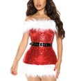 thumbnail image 3 of Mrs Claus Costume for Women Strapless Sequin Fluffy Bodycon Mini Dress with Belt Christmas Outfits, 3 of 5
