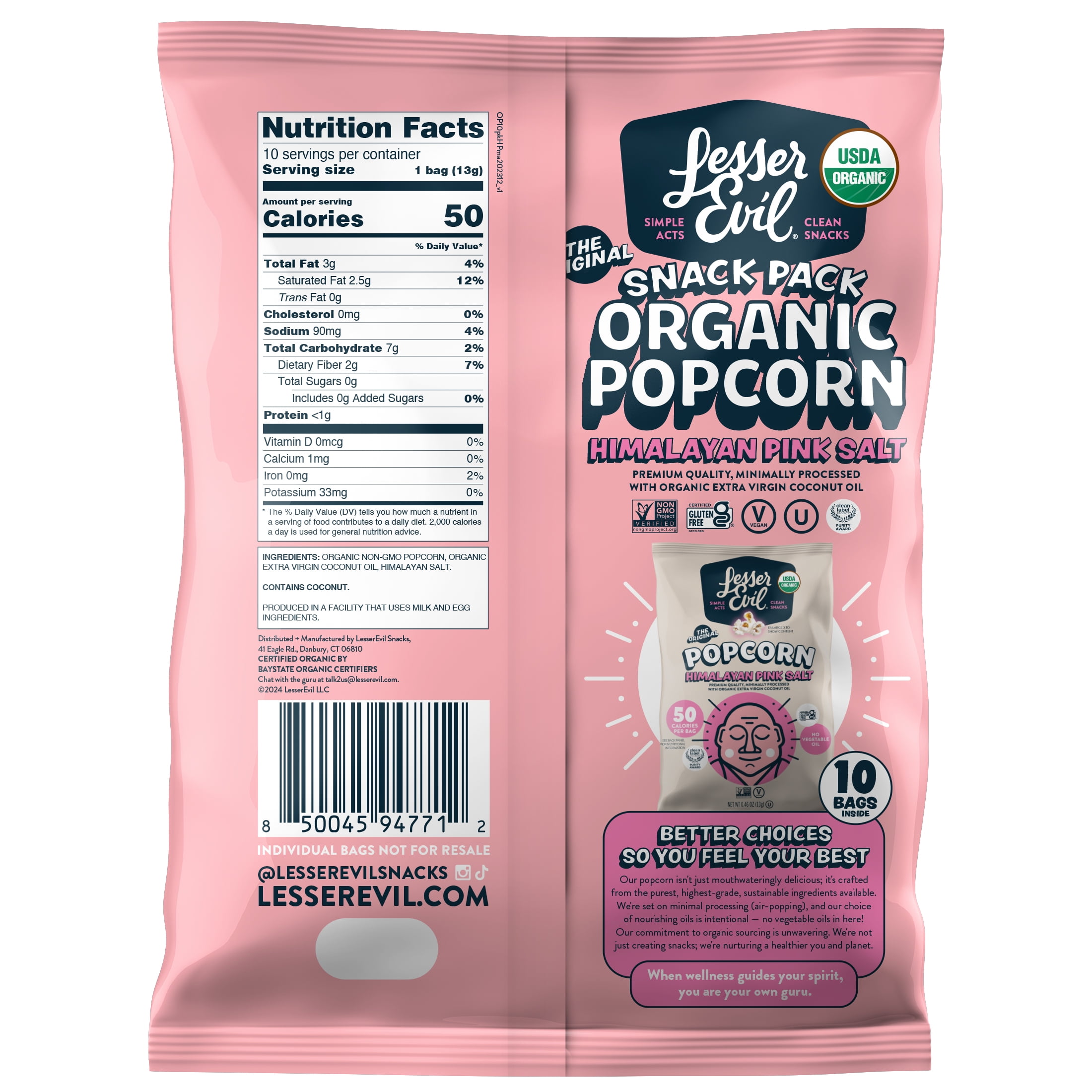 LesserEvil Organic Popcorn, Himalayan Pink, Gluten-Free .46 oz Bags, 10 Count