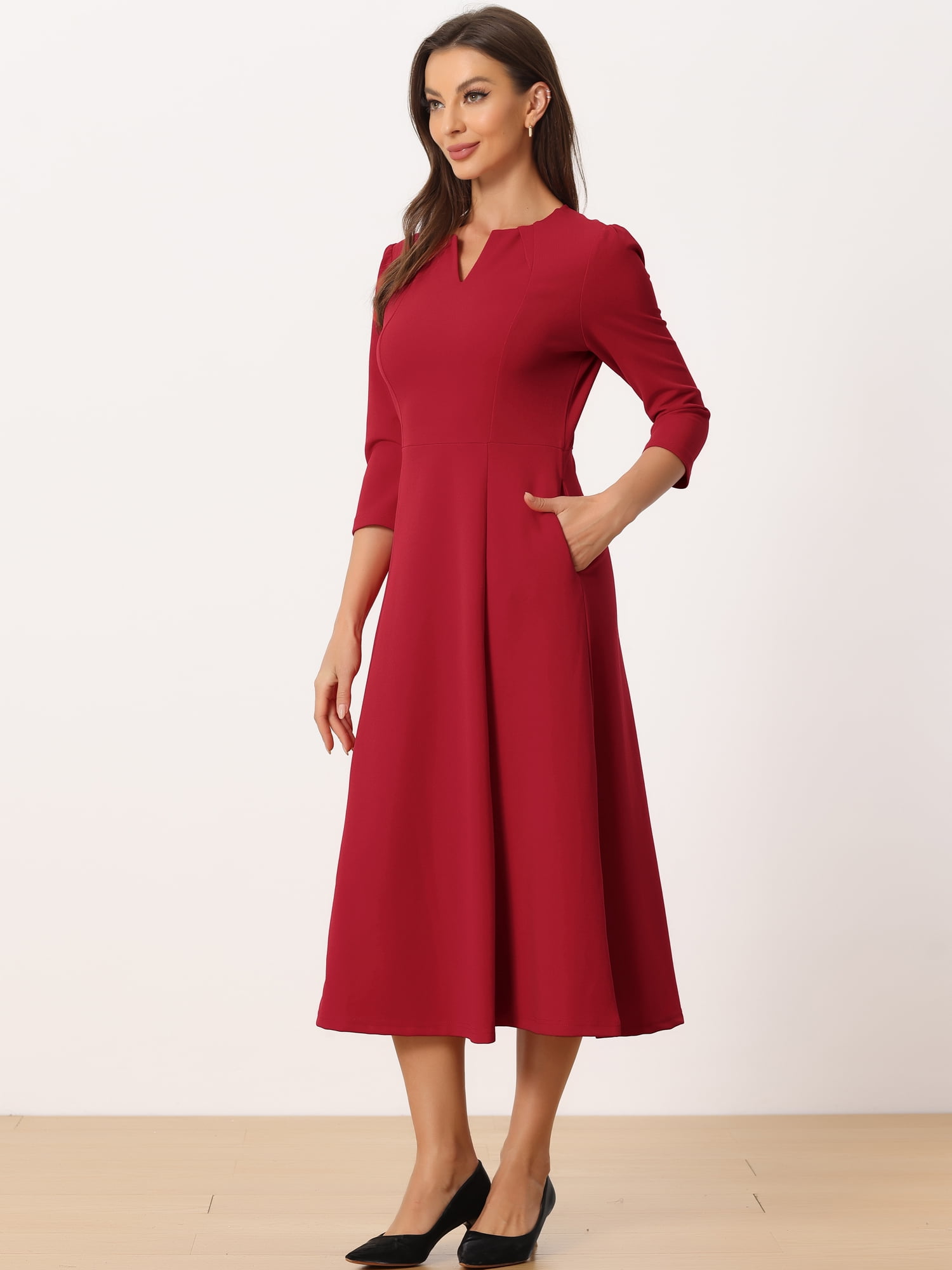 DARING DIVA Work Office Elegant 3/4 Sleeve V Neck A-Line Dress XS Red