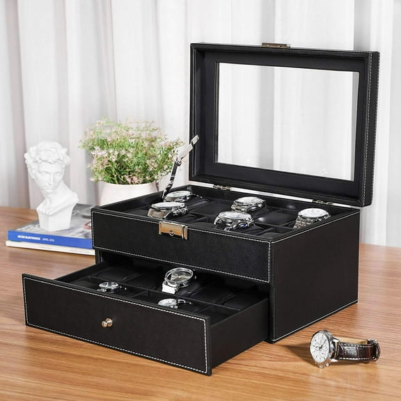 Ktaxon Organizer Lockable Box for 20 slots Mens Watch Display Case with Glass Top Black