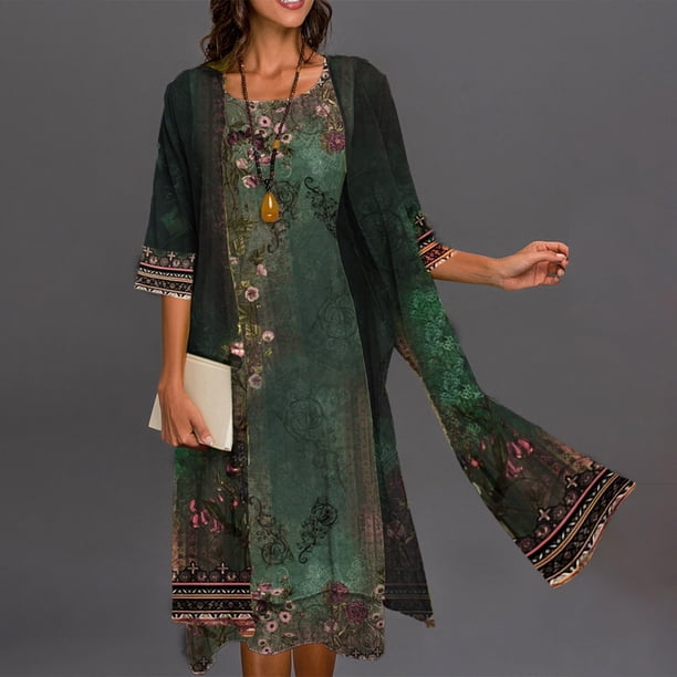 ICHUANYI Clearance Women Casual Loose Printed Tank Dress Round Neck Sleeveless Suit Dresses(Green, M) ICHUANYI WER2023081402298