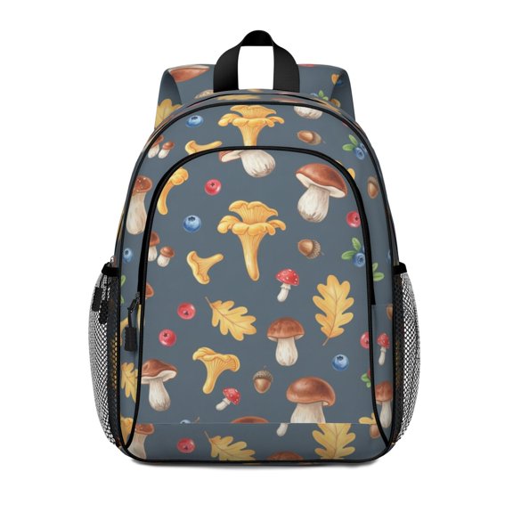 Mushroom and Leaf Blue Pattern Backpack for School, Cute School Bag with Adjustable Shoulder Straps and Padded Back, 15"x11.42"x5.5"