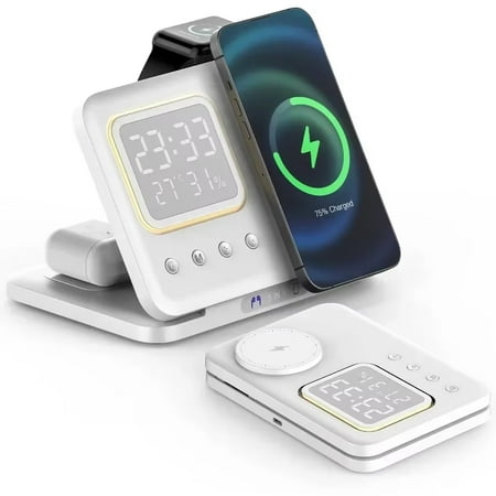 INSMART 5 in 1 Wireless Charging Station,15W Fast Charge with Digital Clock,Night Light Temperature Display Wireless Charging for iPhone,Apple Watch,Airpods