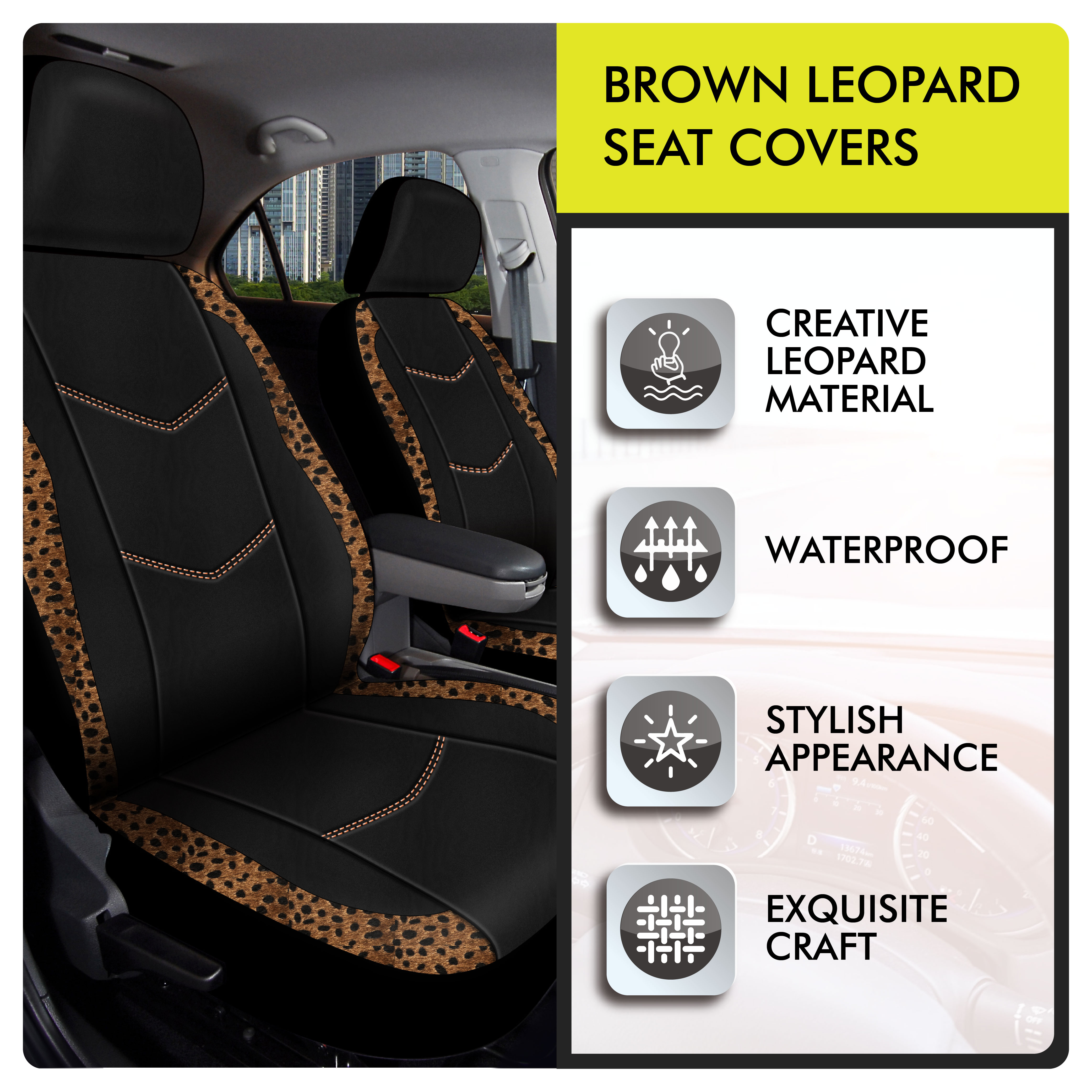 Auto Drive Brown Leopard Faux Leather Car Seat Covers, Set of 2, YT014 - image 3 of 7