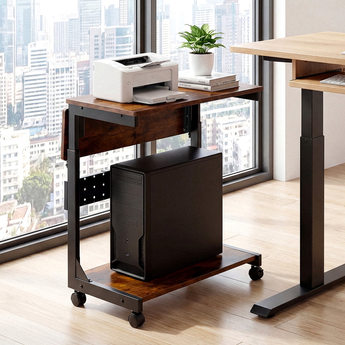 JIOABL Height Adjustable 2-Tier Computer Tower Stand with Folding Panel, Wheels, Pegboard & Mouse Pad, Rust