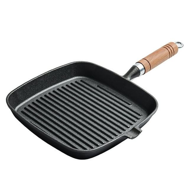 Sartén de Parrilla, Sartén de Bistec Manja de Madera en la parte Inferior Espesa inclusión Calentando 8.7 Pulgadas de Hierro Fundido Antiadherente para Cocinar en Interiores