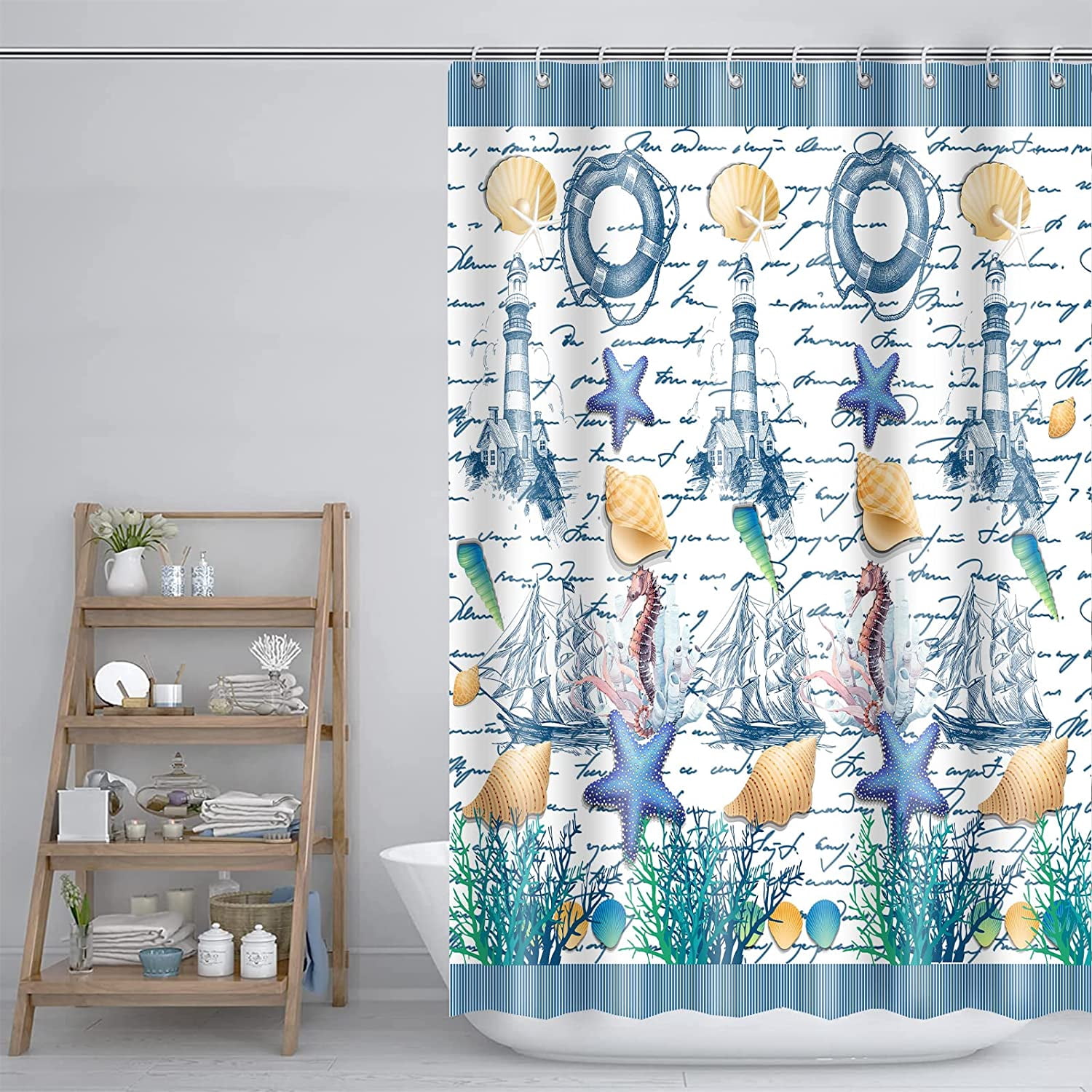 Rustic Nautical Shower Curtain,Lighthouse Sailing Beach Bathroom Shower Curtains,Navy Blue Coastal Bath Curtains Sets with 12 Hooks 72x72in,Waterproof Fabric