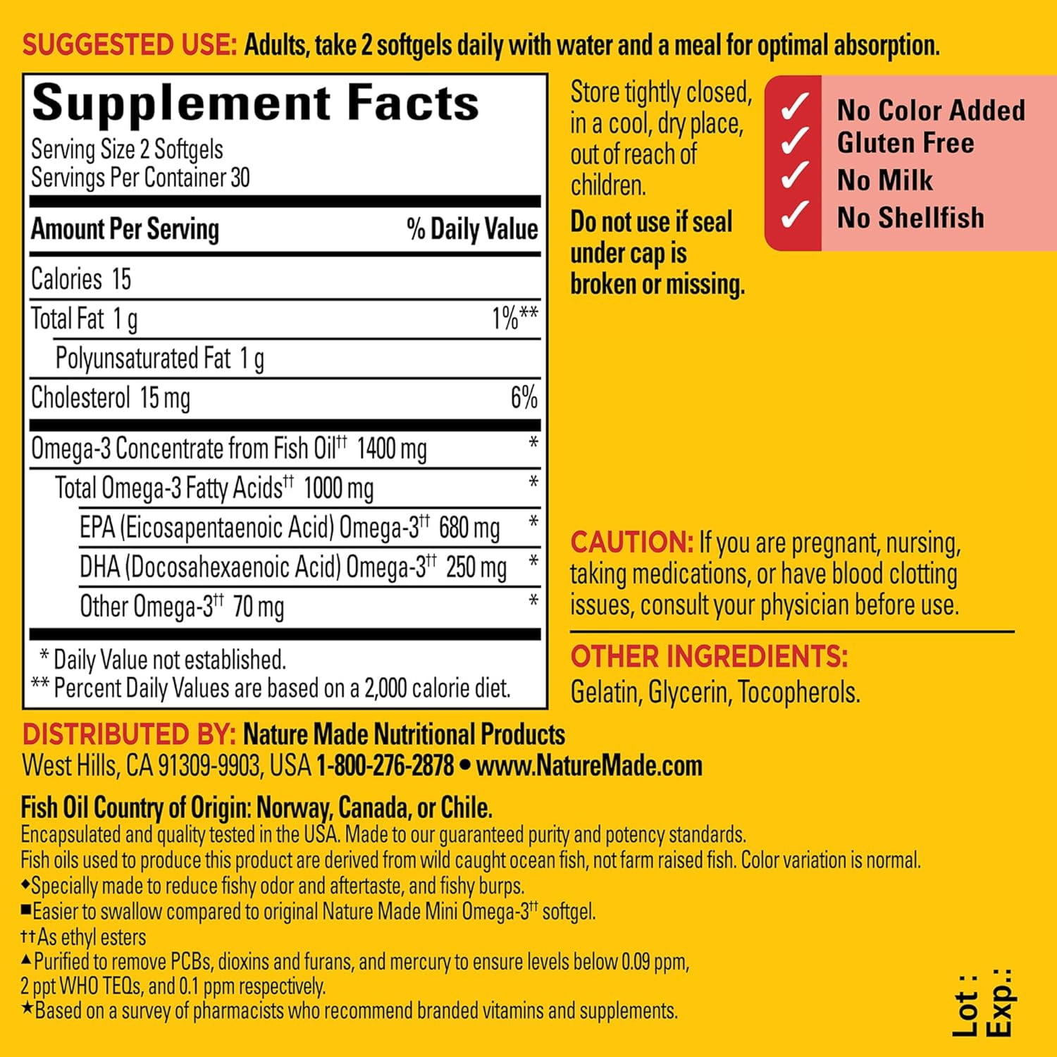 Nature Made Burp-Less Omega-3 from Fish Oil 1400 mg Minis, Dietary Supplement for Heart Health, Eyes and Brain Support, 60 Softgels, 30 Day Supply
