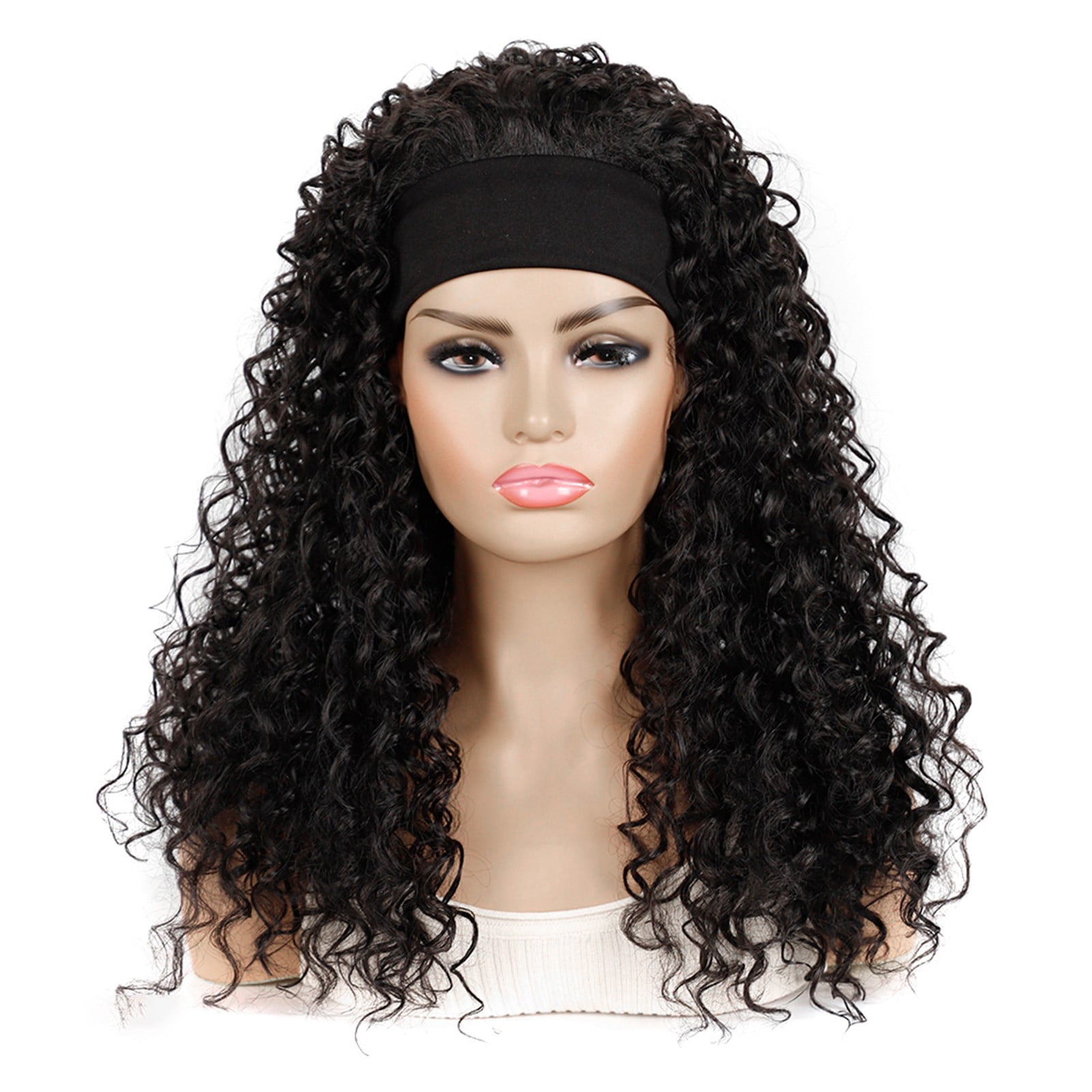 Headband Wig Human Hair Water Wave, Glueless Curly Human Hair Wig with Pre Attached Scarf, Wear and Go Wigs for Black Women(BK3,One Size)