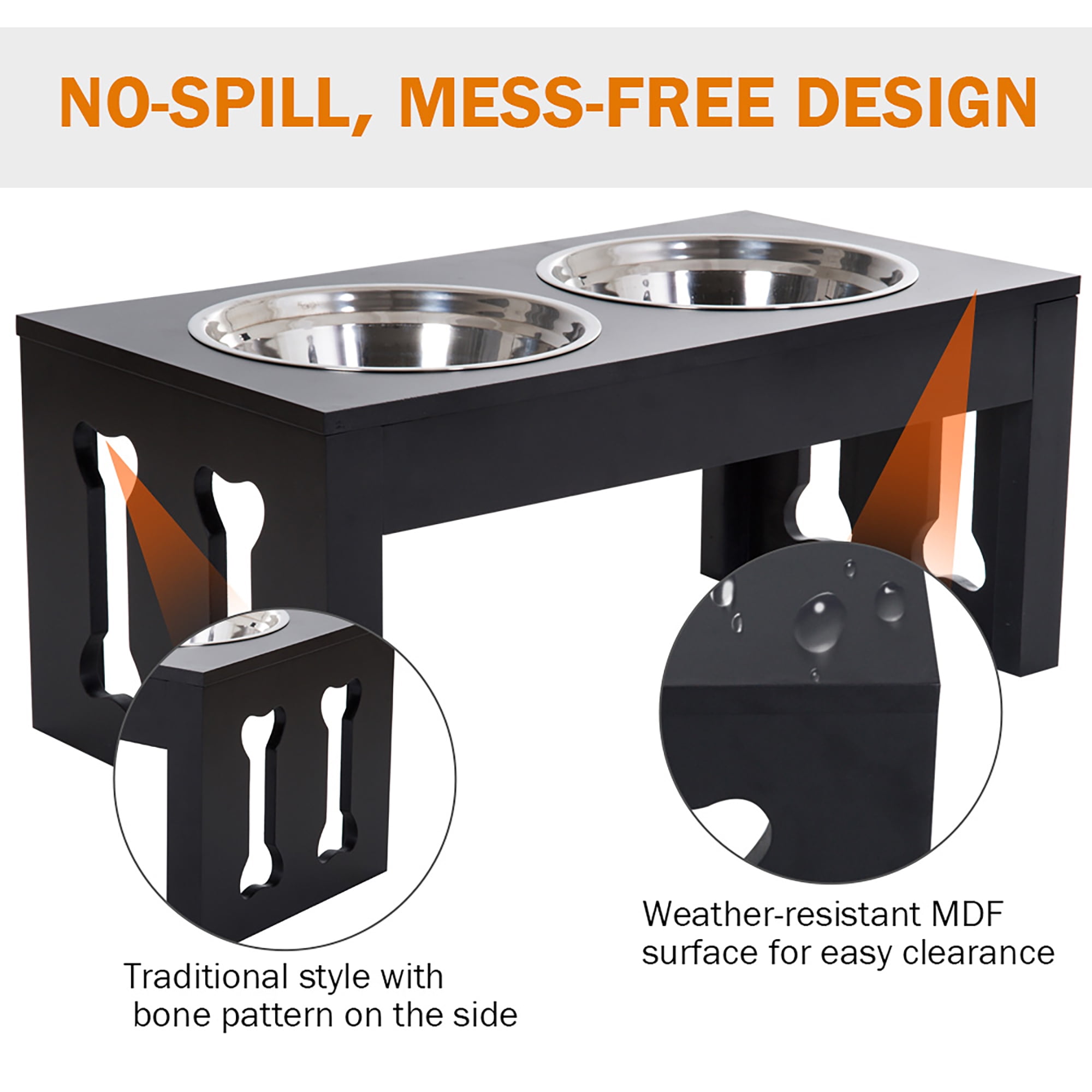 23" Modern Decorative Dog Bone Wooden Heavy Duty Pet Food Bowl Elevated Feeding Station, Black