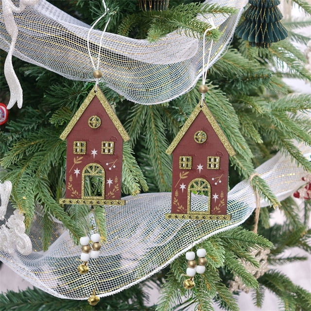 Casita Navideña de Madera para Colgar, Decoración Navideña de Madera Roja, 13 X 7 Cm | 1 Unidad