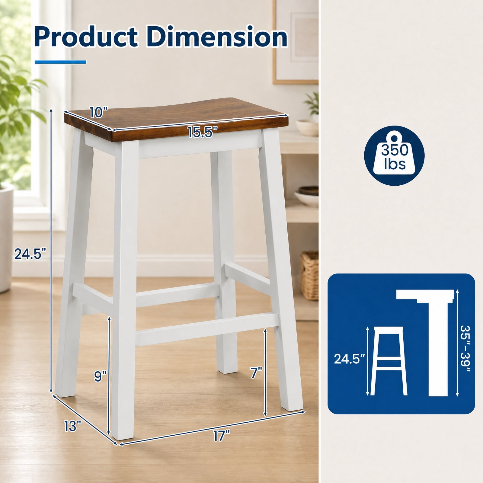 Furnibear 24.5-Inch Set of 2 Saddle Stools Bar Stools with Footrests for Kitchen Island-Walnut & Gray for Kitchen Island Counter Bar Pub, White