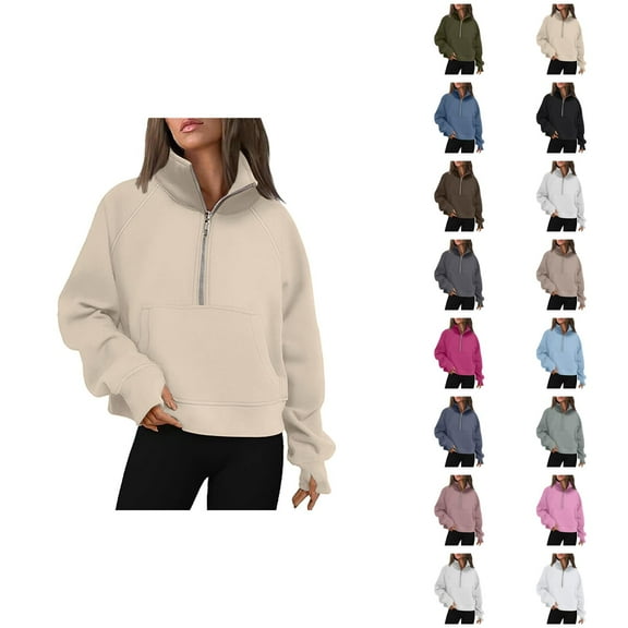 Fall Sweatshirts for Women 2025 Long Sleeve Half Zipper Turtleneck Thumb Hole Pockets Plain Sweatshirt Pullover Tops
