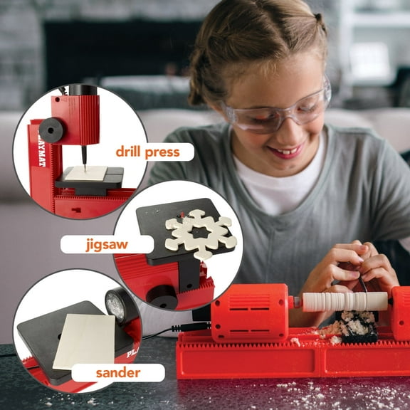 MindWare Play Make 4-in-1 Cool Tool Workshop - Transitions Into a Drill Press, Wood Lathe, Jigsaw or Sander - Woodworking Power Tool Made Safe & Easy for Kids - Ages 8 