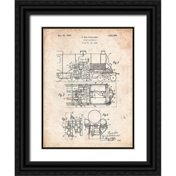Borders, Cole 12x14 Black Ornate Wood Framed with Double Matting Museum Art Print Titled - PP516-Vintage Parchment Steam Train Locomotive Patent Poster