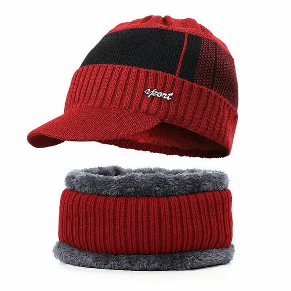 ZOELNIC Men Winter Warm Hat Scarf Set Knit Visor Beanie Fleece Lined Beanie with Brim Cap, Wine Red