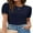 Navy, variant on Women's Elegant Short Puff Sleeve Rib Knit Basic Slim Fit T-Shirt Crop Tops Crew Neck Swiss Dots Blouse Work Top