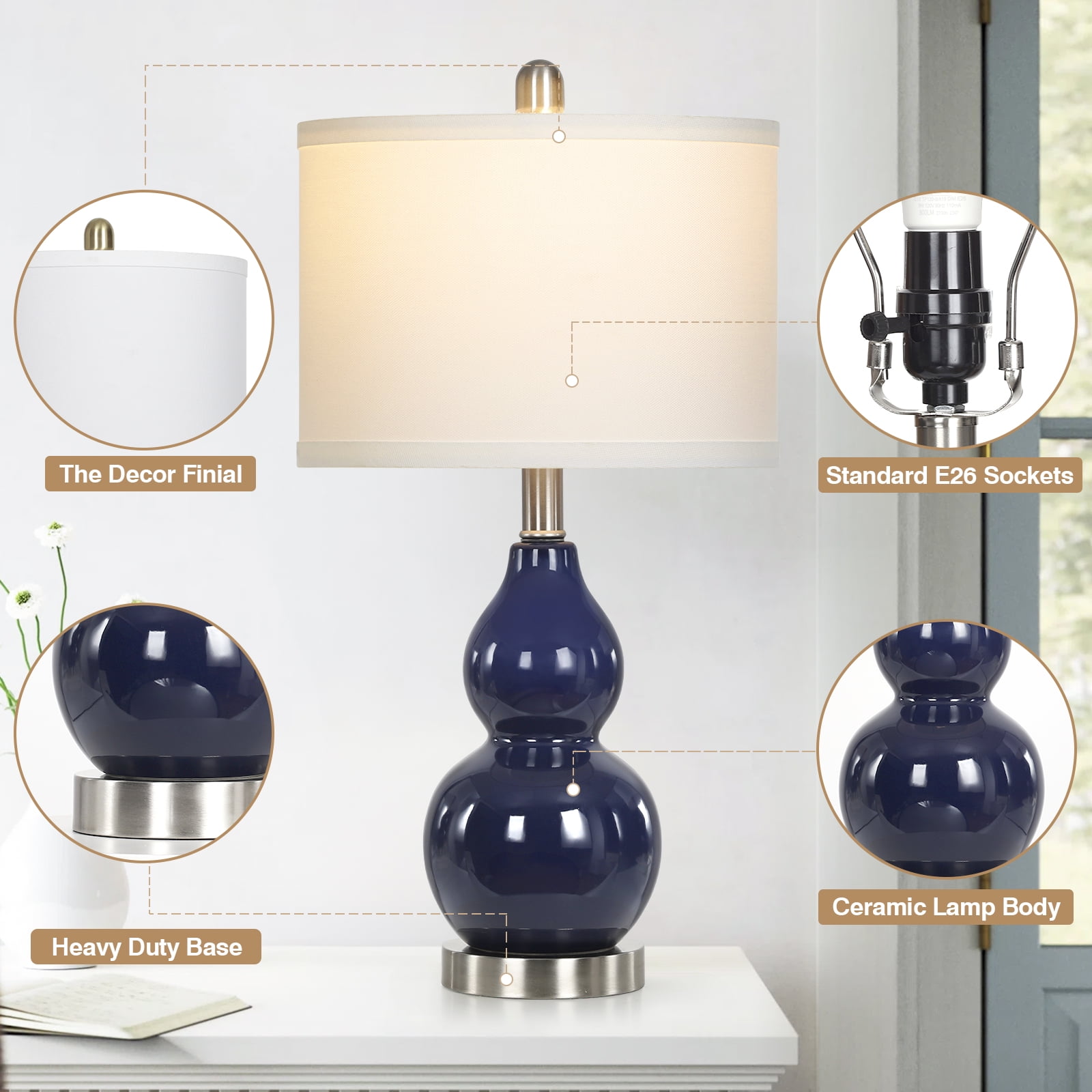 Cinkeda Coastal Double Gourd Ceramic Table Lamp Set of 2 for Living Room Bedroom 22" Nautical Blue Bedside Nightstand Lamp with White Shade