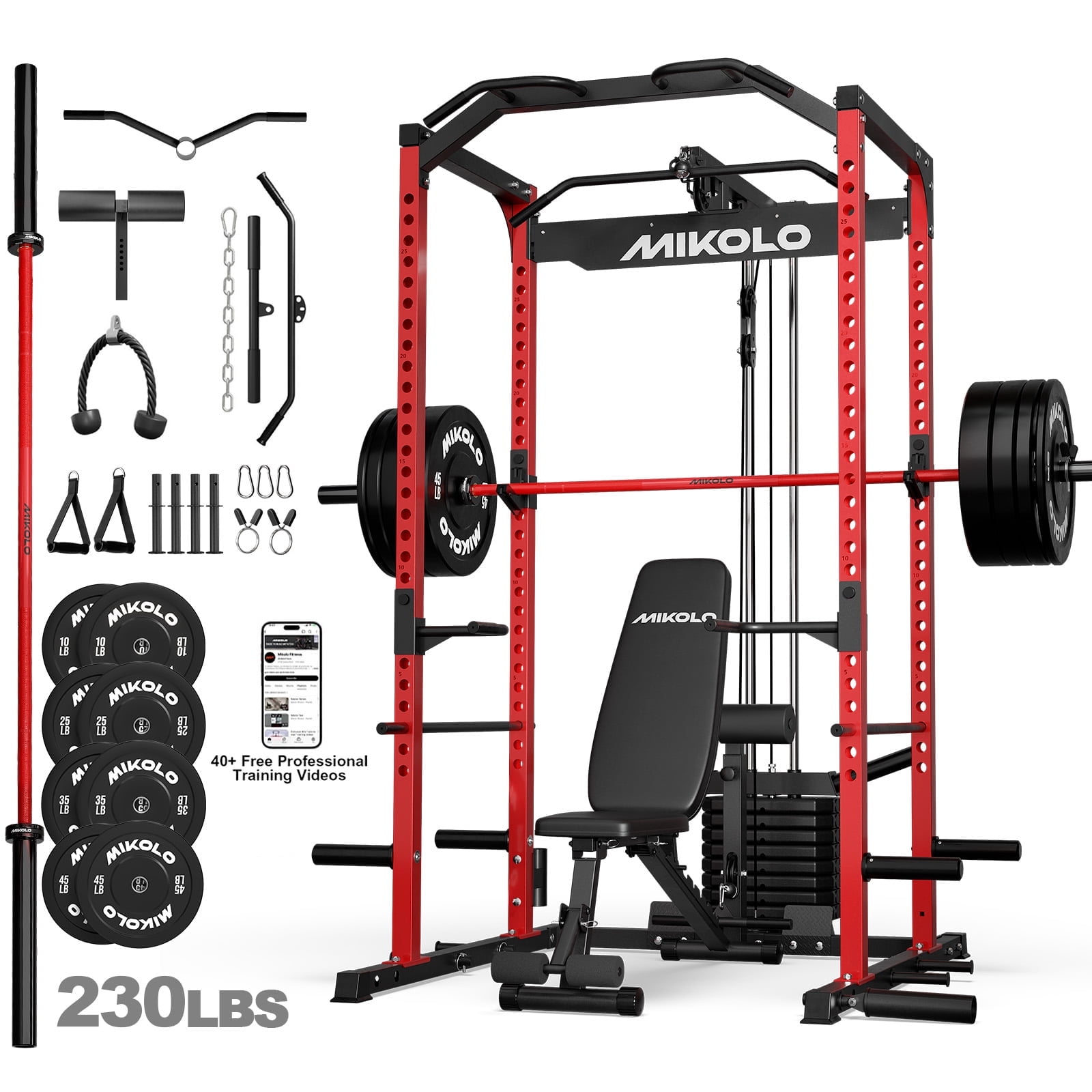 Mikolo Power Cage with Weight Stack Multi-Function Power Rack for Home Gym, 1500LBS Squat Rack for Strength Training, 230LB Plates package Red