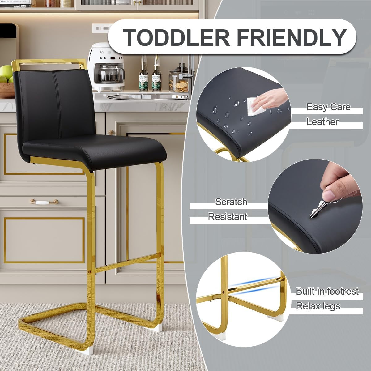 Lecut 30" Counter Height Bar Stools Set of 4, Modern Upholstered PU Leather Bar Stools with Back and Gold Chrome Plated Metal Frame, Armless Bar Chairs for Kitchen Island (Black+Gold)