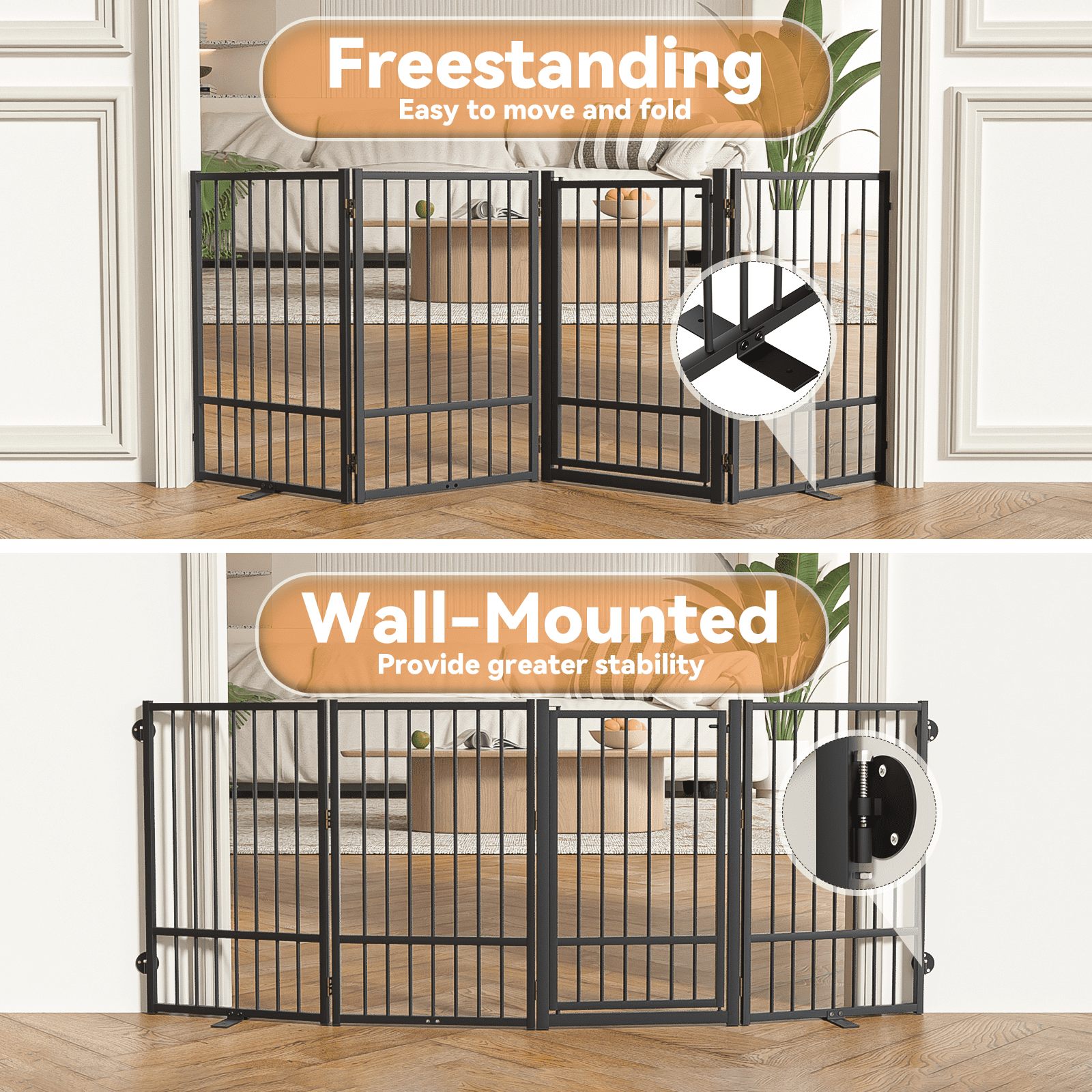 32''Height Full Matel Freestanding Dog Gate with Door, 4 Panels Extra Wide Free Standing Tall Dog Gates for Doorways,House,Stairs,Porch,Deck,Yard
