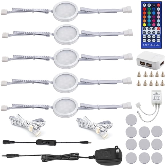 AIBOO 24V Color Changing LED Puck Lights Dimmable, Multicolor Under Cabinet Lighting Linkable with Remote for Counter, Cupboard, Showcase, Display (RGBW, 5 Packs)