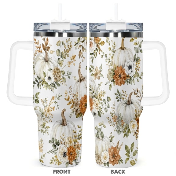 Fall Pumpkin 40oz Travel Tumbler With Handle Straw And Lid Retro Floral White Pumpkin Stainless Steel Coffee Cup For Autumn Thanksgiving Home Office