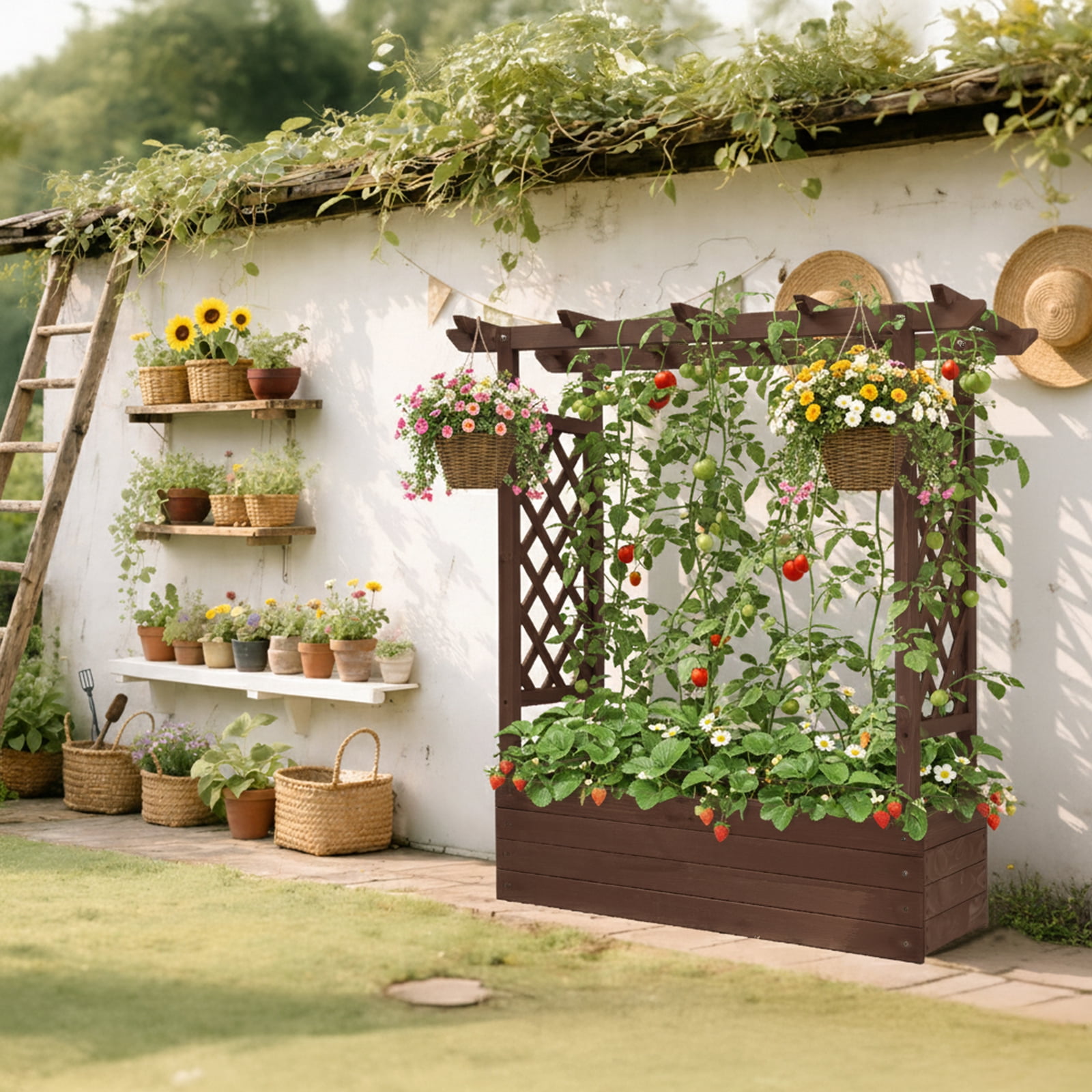 Raised Garden Bed Wooden Planting Frame Carbonized, 43.5*17.5*44.5