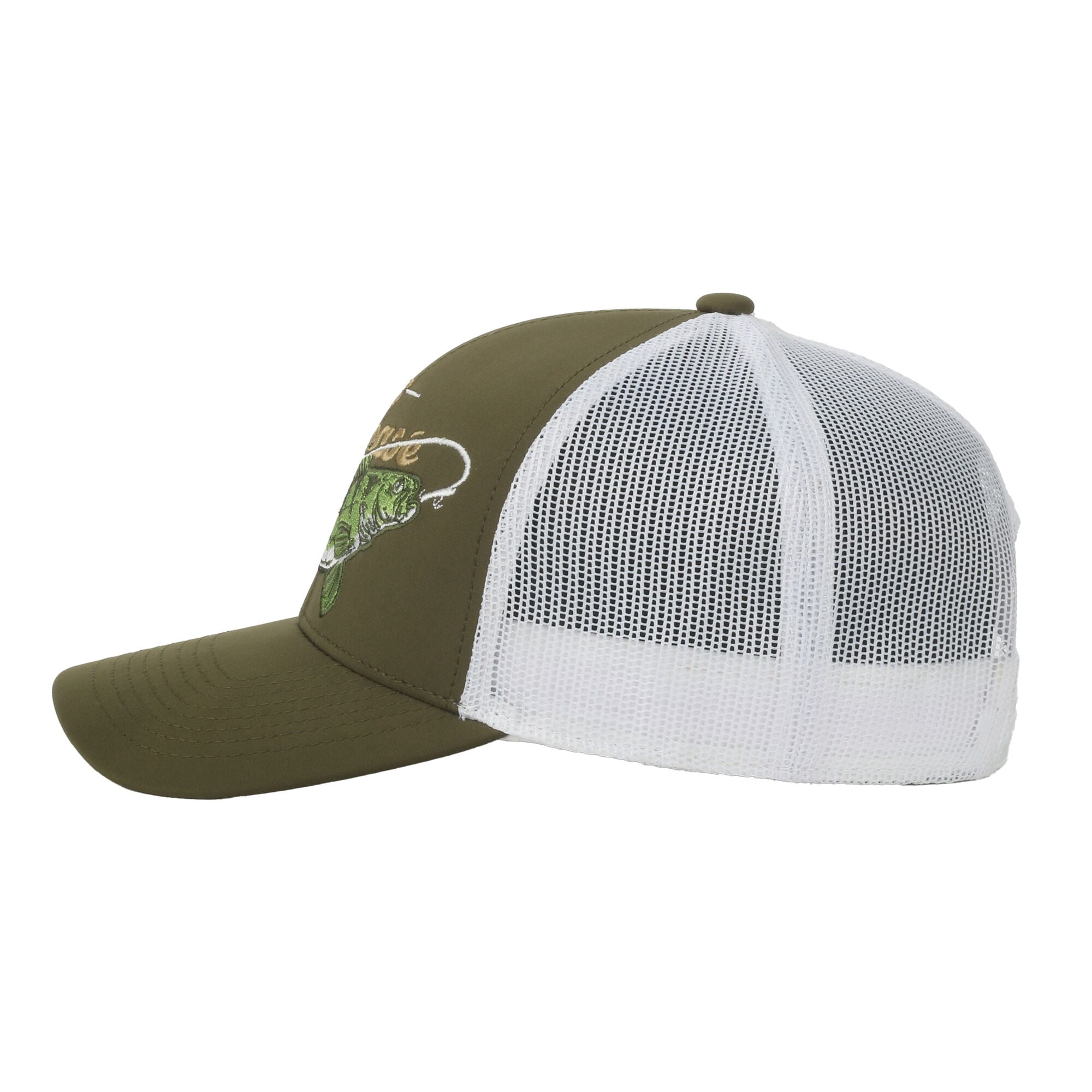 Olive/White Walleye 5-Panel Fishing Cap – Structured, Embroidered, Snapback, One Size