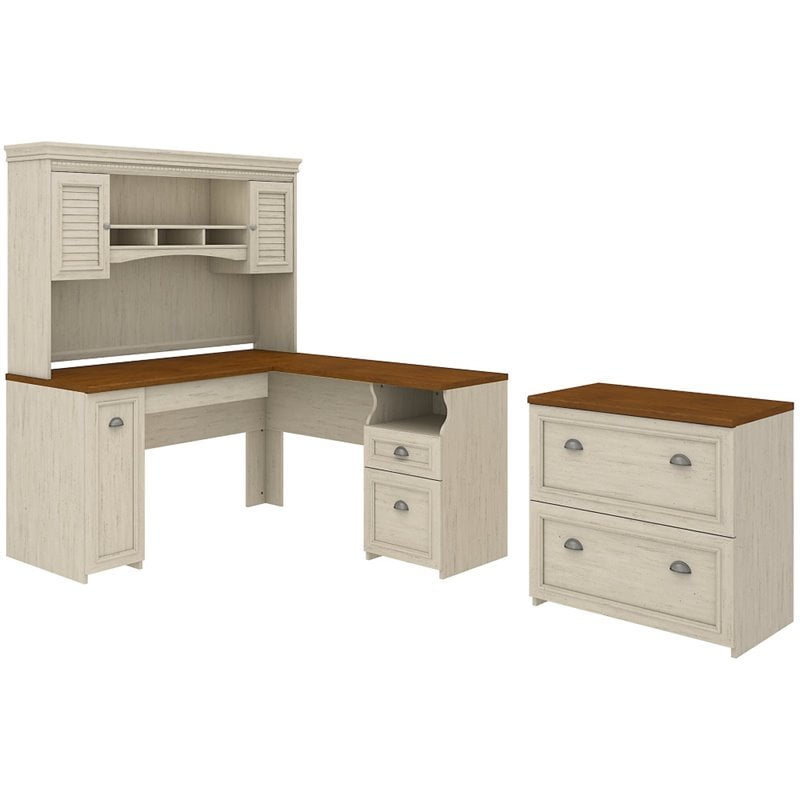 Fairview L Desk with Hutch and File in Antique White