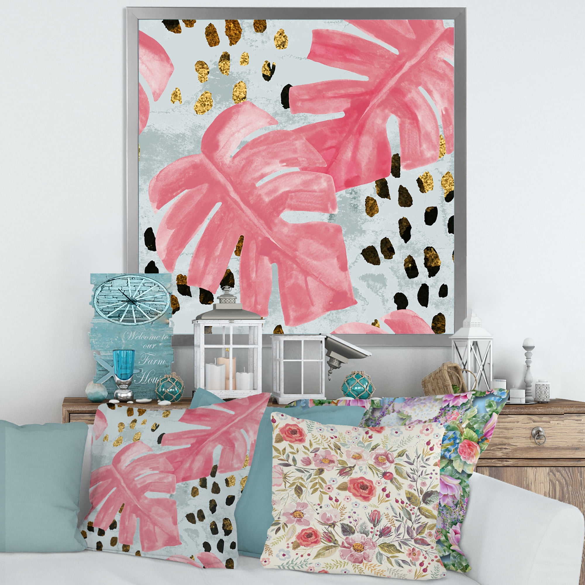 Designart 'Rough Brush Strokes Pink Colored Monstera II' Tropical Framed Art Print