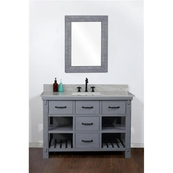 InFurniture WK8248-BG-CS SQ TOP 48 in. Rustic Solid Fir Single Sink Vanity in Blue Grey Driftwood With Coastal Sands Marble Top With Rectangular Sink-No Faucet