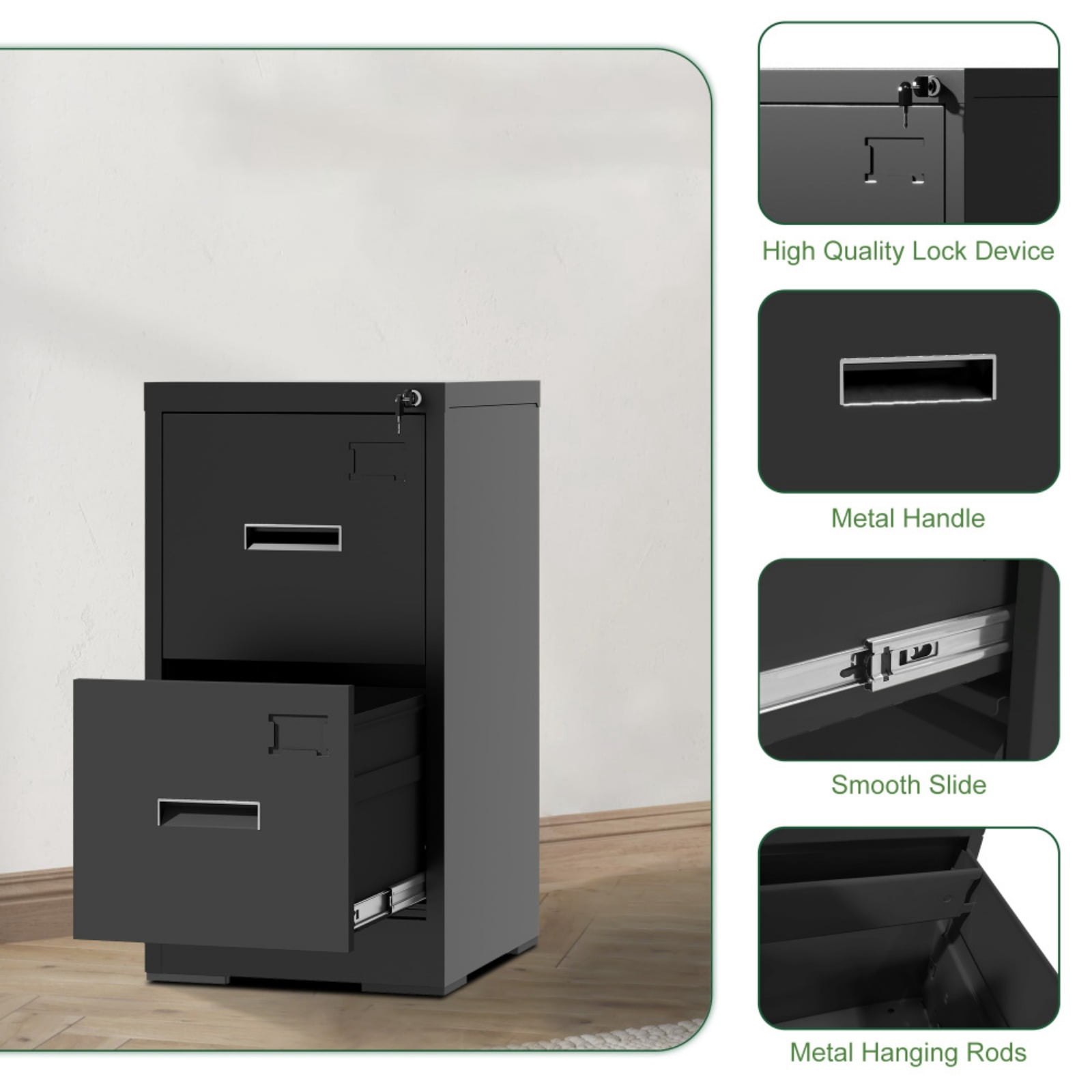 2 Drawer Lateral File Cabinet with Lock, Metal Lateral Filing Cabinet for Home Office, Steel Wide Horizontal Filing Cabinets for Letter/Legal/A4/F4 Hanging Files (Black)