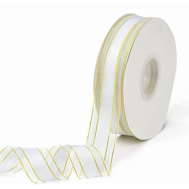 Cinta de organza blanca de 1 pulgada y 50 yardas con borde dorado, transparente, suave y lisa, rollos de cinta de gasa con carrete.