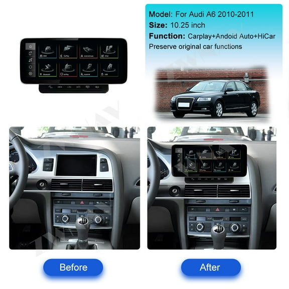 ZWNAV Ultra-Thin 10.25 inch Wireless CarPlay Android Auto Retain Original Car Function Car Radio Stereo Multimedia Receiver for Audi A6 2010-2011（Vertical screen） Compatible with Original Car System