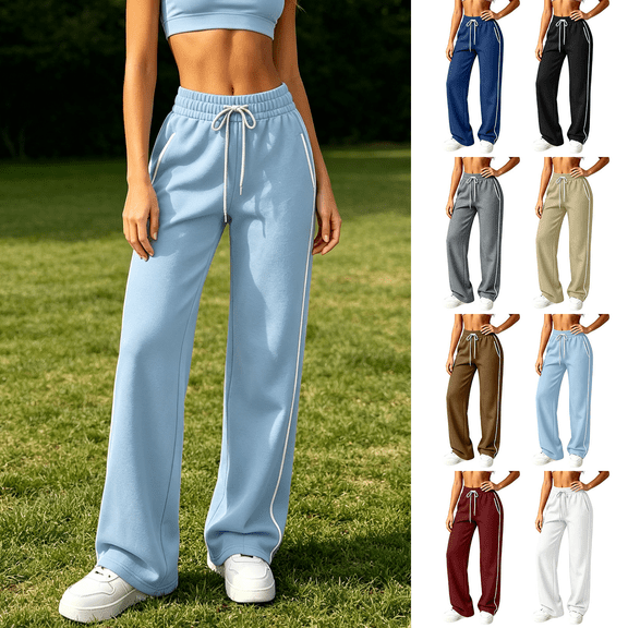 Womens Drawstring Sweatpants, Elastic Waist Straight Leg Pants with Pockets, Casual Lounge Trousers for Daily Outdoor Wear | VerBelle,Black L