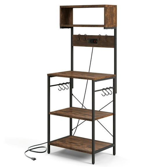 Resenkos 60 Inch Tall Microwave Stand with Open Shelves and 10 Hanging Hooks-Rustic Brown, Storage Rack Microwave Oven Stand for Spices, Pots, and Pans