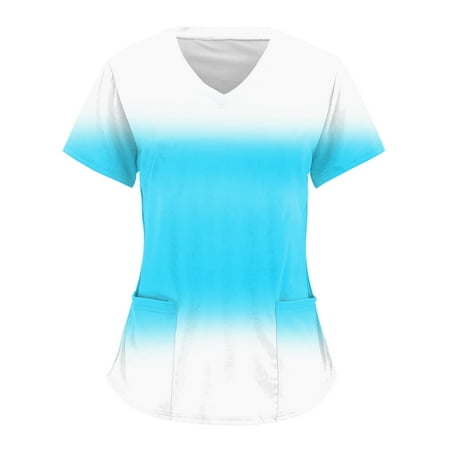 

Scrubs For Women Tops Plus Size Gradient Print Short Sleeve V Neck Workwear Tshirt Blouse With Pocket Nursing Uniforms For Women
