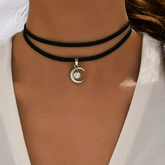 Gothic Moon with Round CCB Plastic Pendant Black Velvet Double Layer Choker Necklaces with Alloy End Chain Platinum 12.60~14.57 inch(32~37cm)