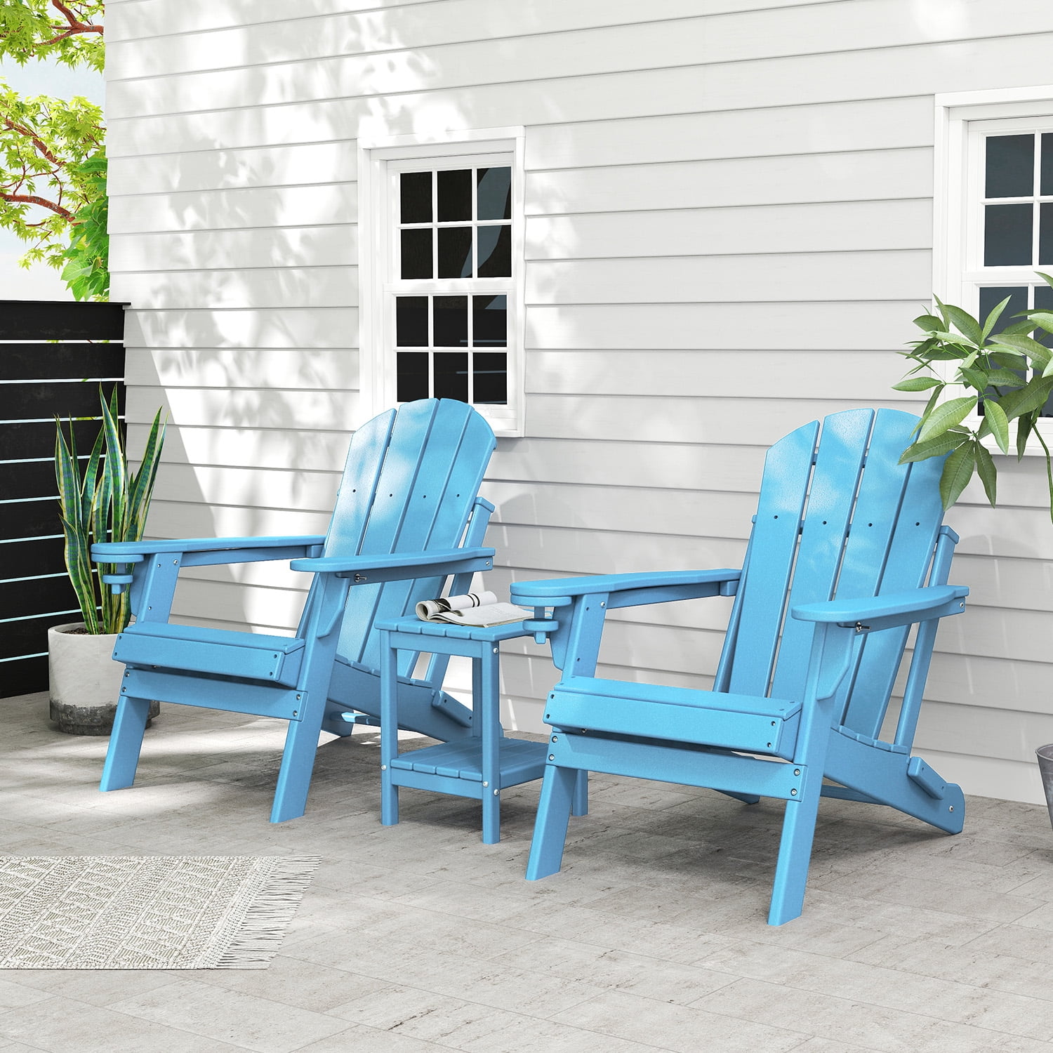 FODINGHILL Outdoor Folding Adirondack Chair set of 2, HDPE All Weather Patio Chair with Cup Holder for Deck Backyard Garden, Arctic