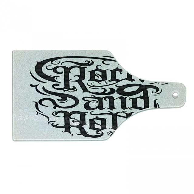 Rock Music Cutting Board, Vintage Hand Lettering Rock and Roll Retro Concept Art Abstract Swirled Lines, Tempered Glass Cutting and Serving Board, Wine Bottle Shape, Black Dimgrey, by Ambesonne