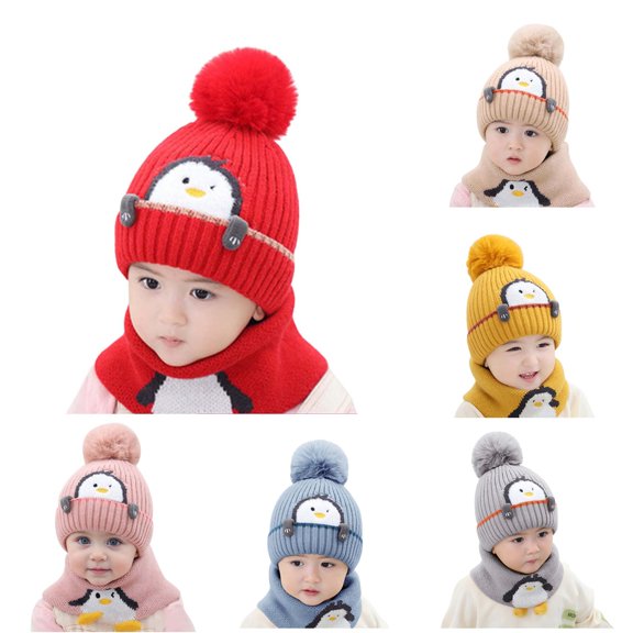 AWZXDE Soft Warm Knitted Winter Hood Hat With Earflap Scarf For Infant Baby Boys Girls