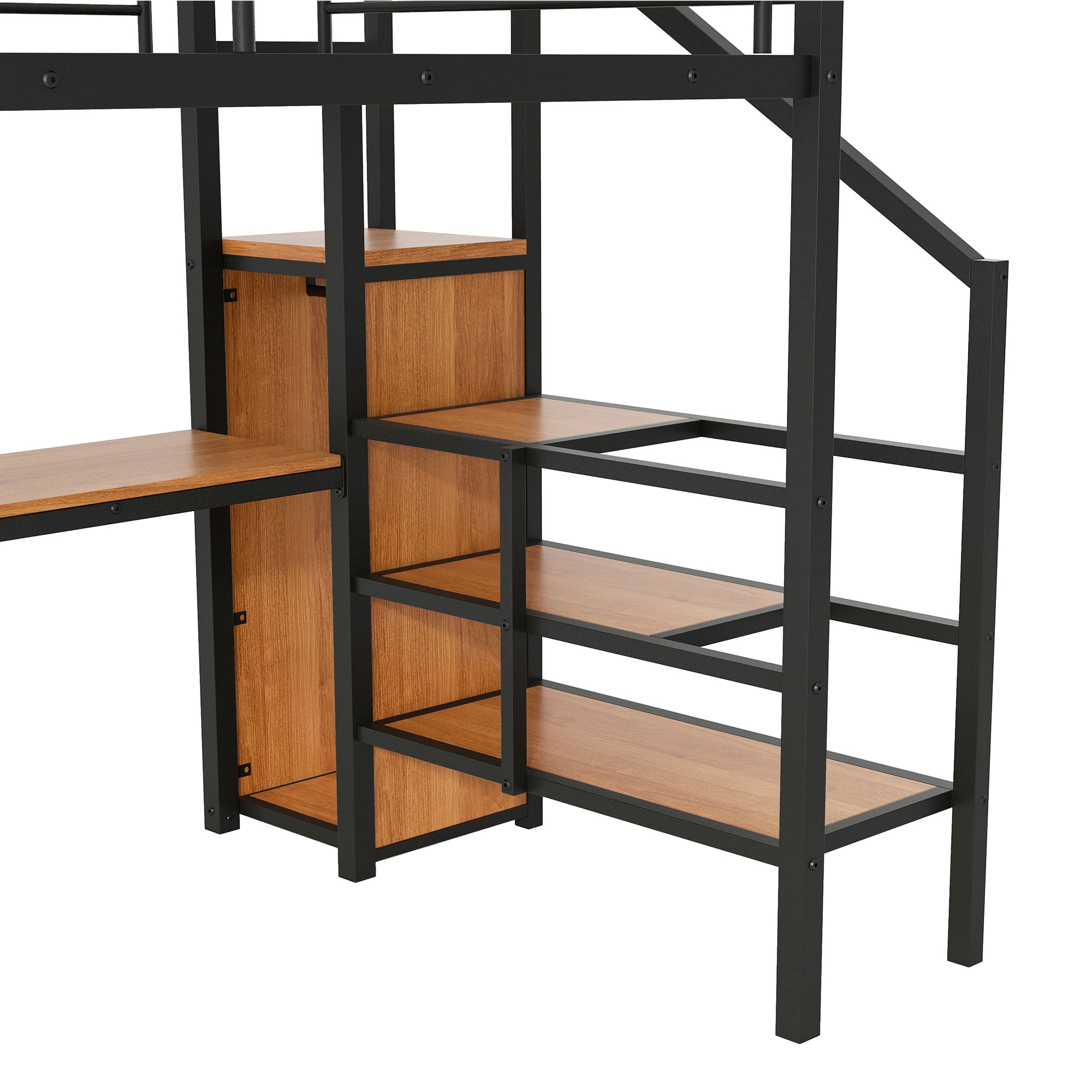EUROCO Modern Metal Full Size Loft Bed with Wardrobe, Shelf and Desk with LED Light, Storage Staircase for Kids Teens, Black