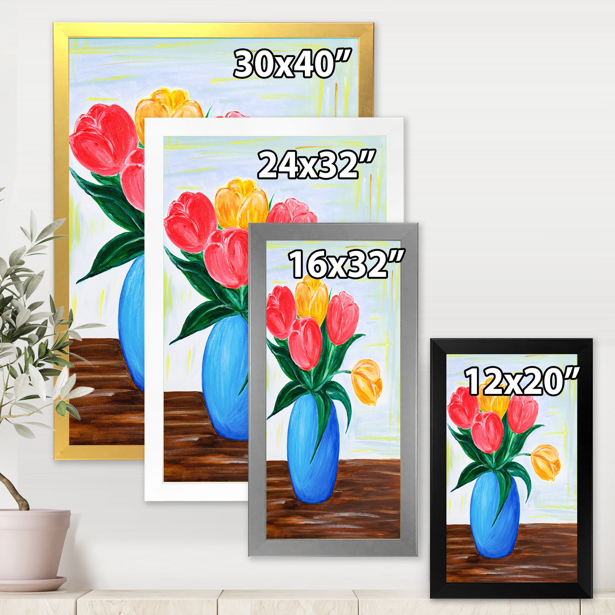 Designart 'Bouquet Of Orange and Red Tulips In A Vase' Traditional Framed Art Print
